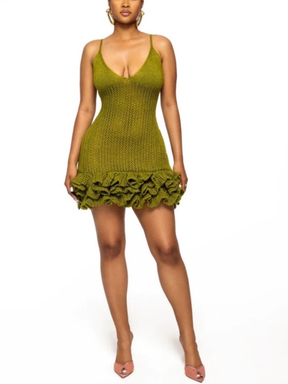 Hanifa Iggy Dress Ruffle Knit Mini Green Sz M